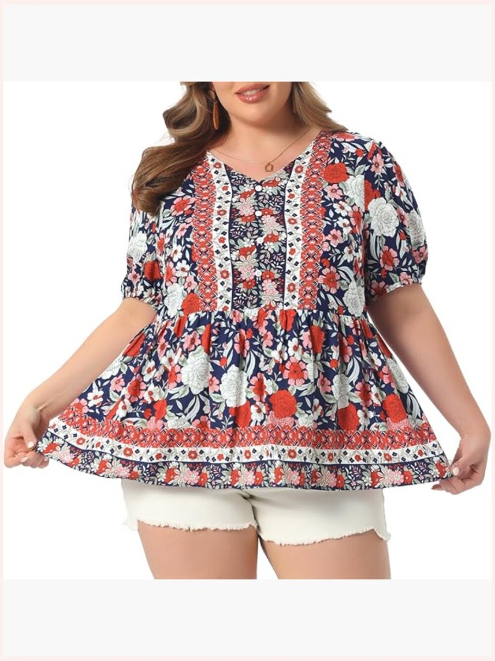 Plus Size Boho V Neck Short Sleeve Peplum Blouse Floral Print Summer Shirt